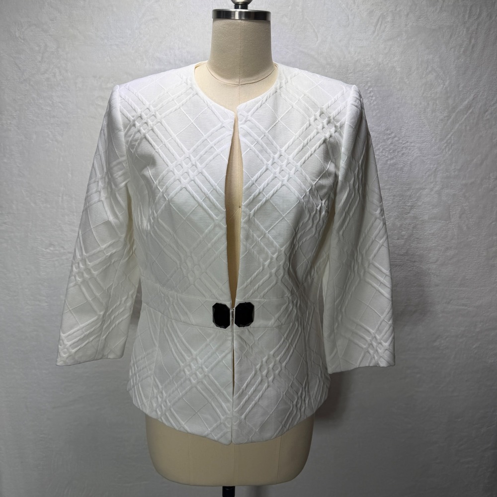 Peck & Peck Collection White Textured Jacquard Collarless Blazer Jacket Size 8